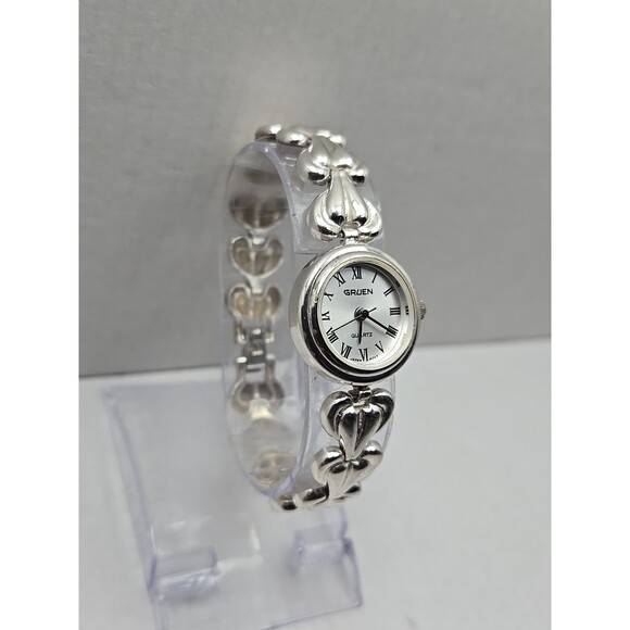 Vintage Gruen 925 Sterling Silver Heart Bracelet Quartz Watch Womens New Battery - Picture 3 of 11